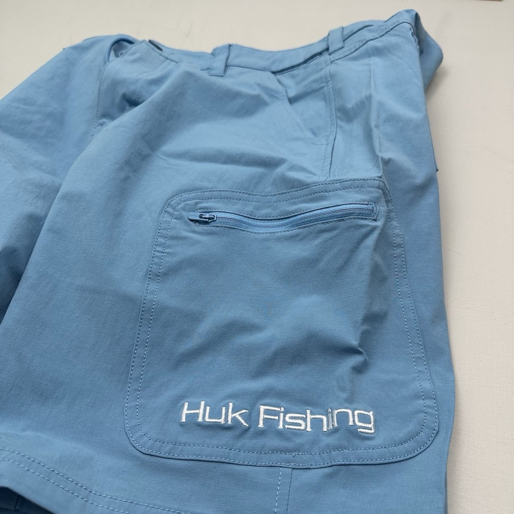 Huk Performance Fishing Cargo Shorts Mens XL Blue Stretch Zip Elastic Waist - Picture 2 of 13